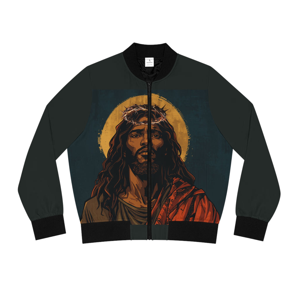 Jesus Is King Bomber Jacket — Graphic Christian Faith Jacket with Portrait & ‘Jesus is King’ Back Design