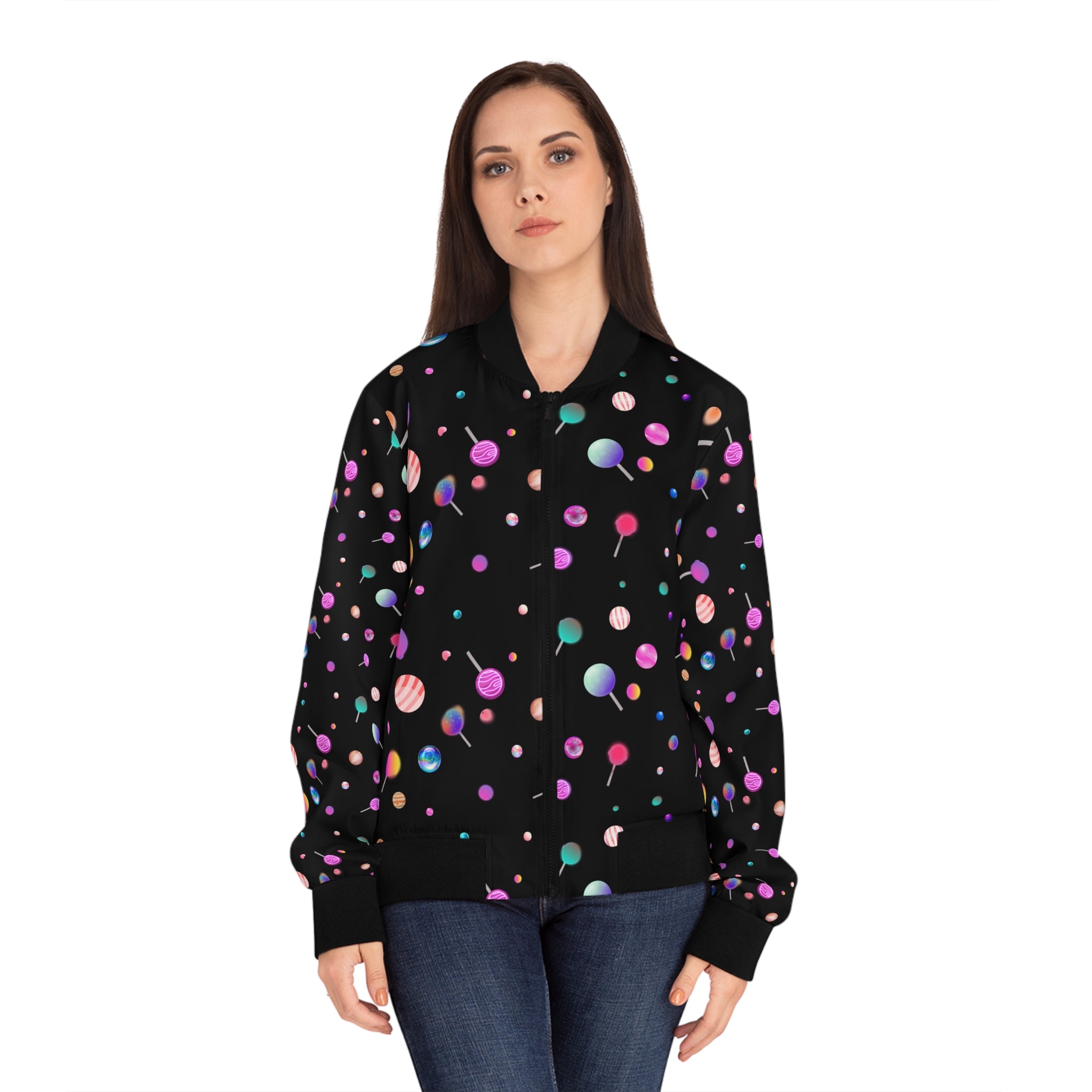 Lollipop Kandi Bomber Jacket — Women's Colorful Sweets AOP