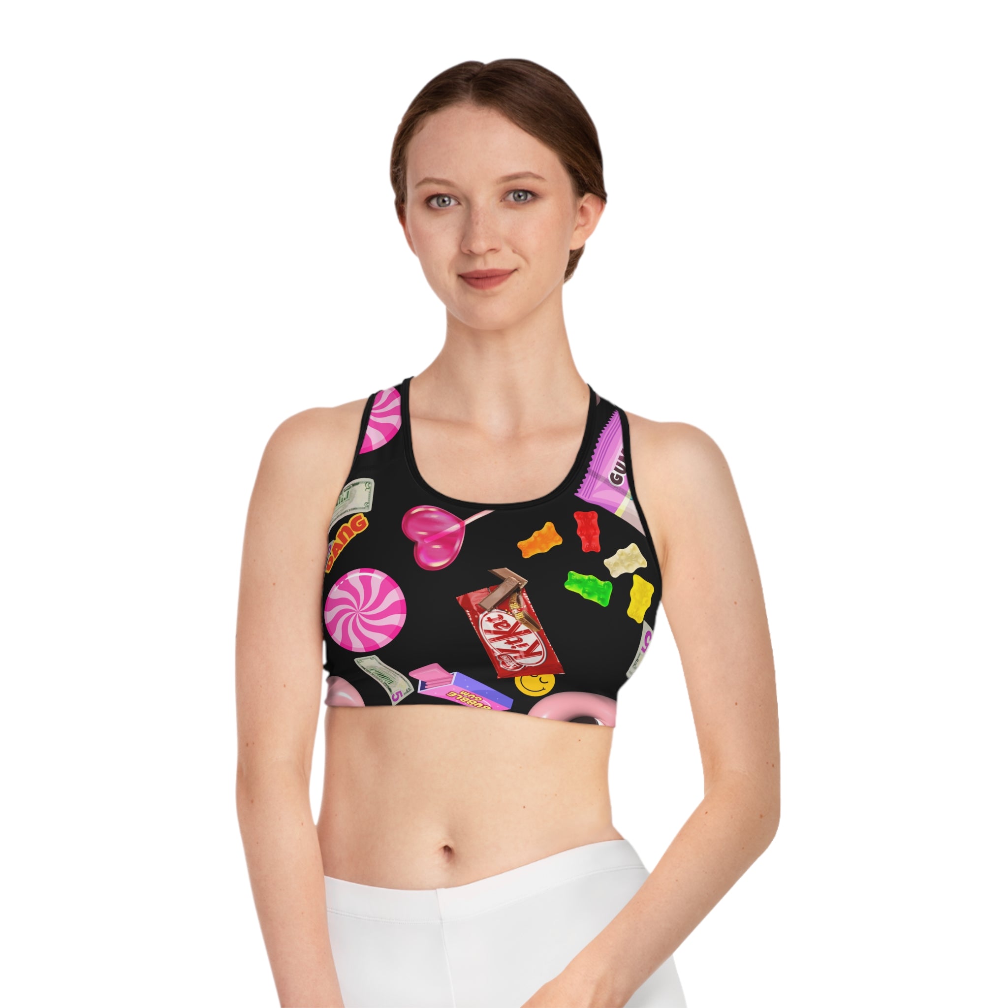 Midnight Candy- Sports Bra, Fun Workout Top, Gym Wear, Fitness Apparel, Gift for Athletes, Colorful Bra with Sweet Design