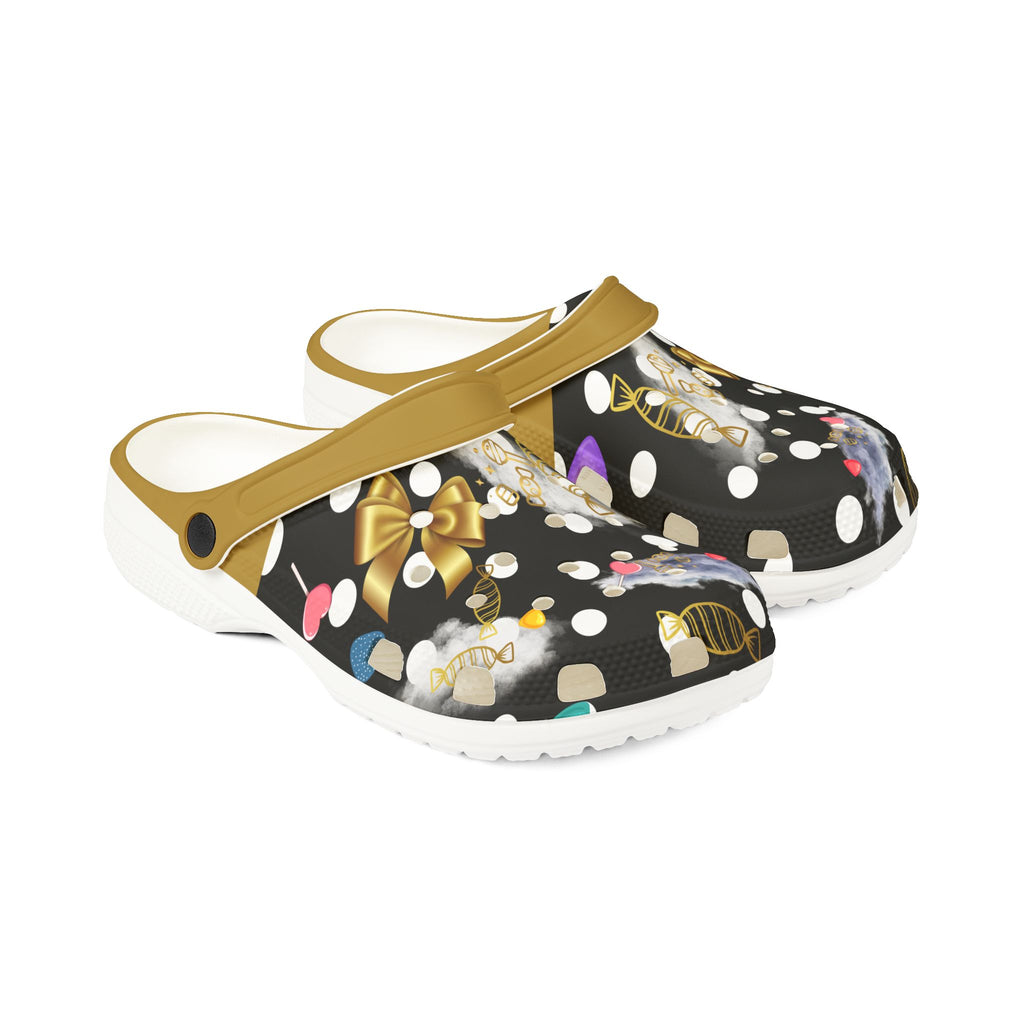 Summer Storm- Candy Crocs, Gold And Black Clogs, Fun Patterned Shoes for Kids and Adults, Perfect for Summer, Beach, and Casual Wear