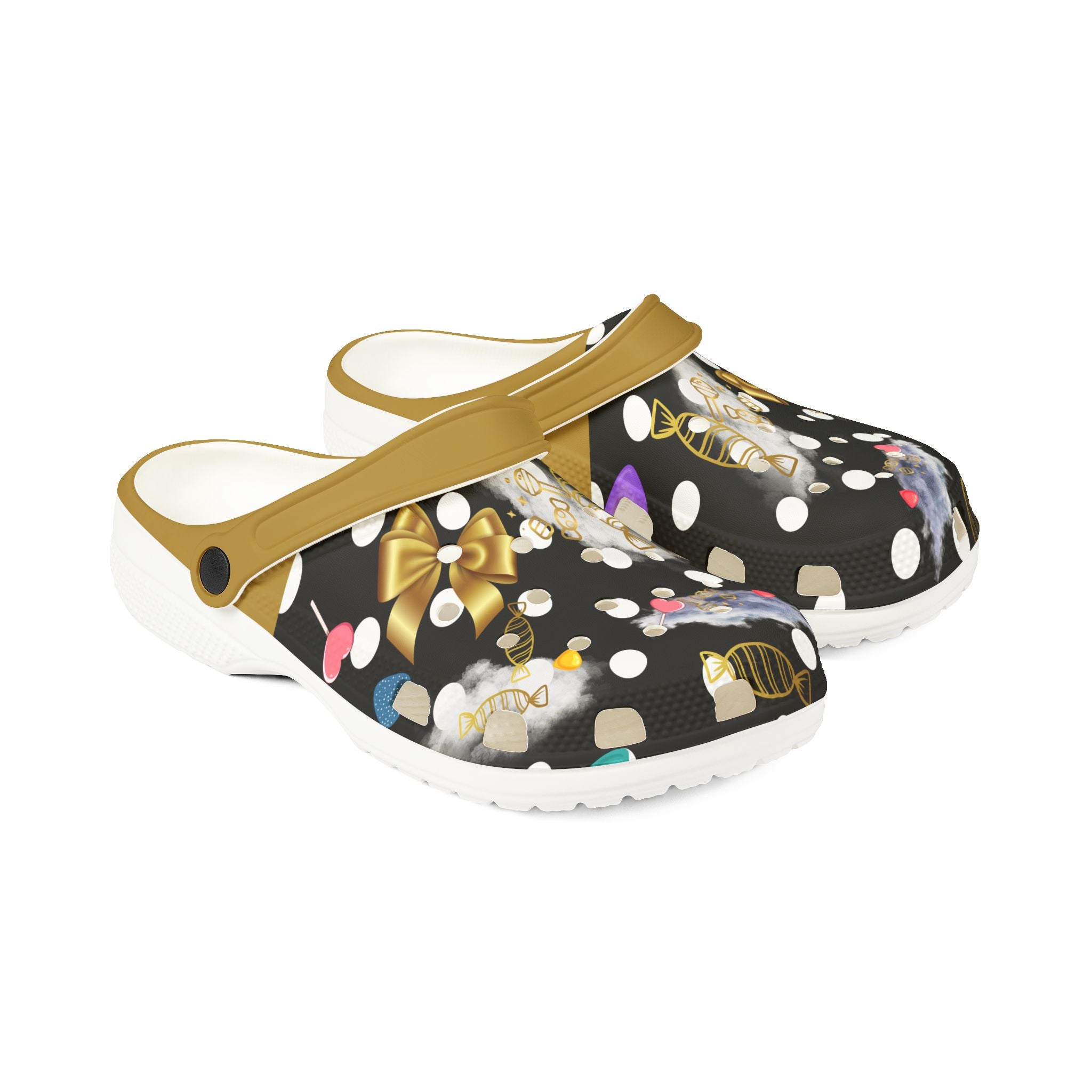 Summer Storm- Candy Crocs, Gold And Black Clogs, Fun Patterned Shoes for Kids and Adults, Perfect for Summer, Beach, and Casual Wear