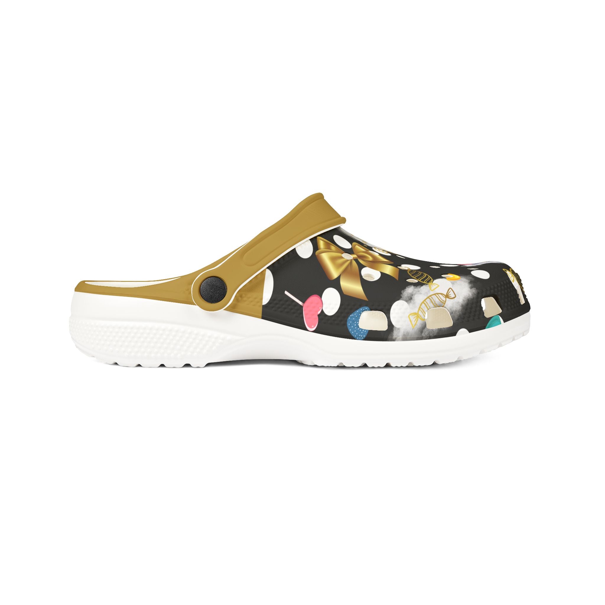 Summer Storm- Candy Crocs, Gold And Black Clogs, Fun Patterned Shoes for Kids and Adults, Perfect for Summer, Beach, and Casual Wear