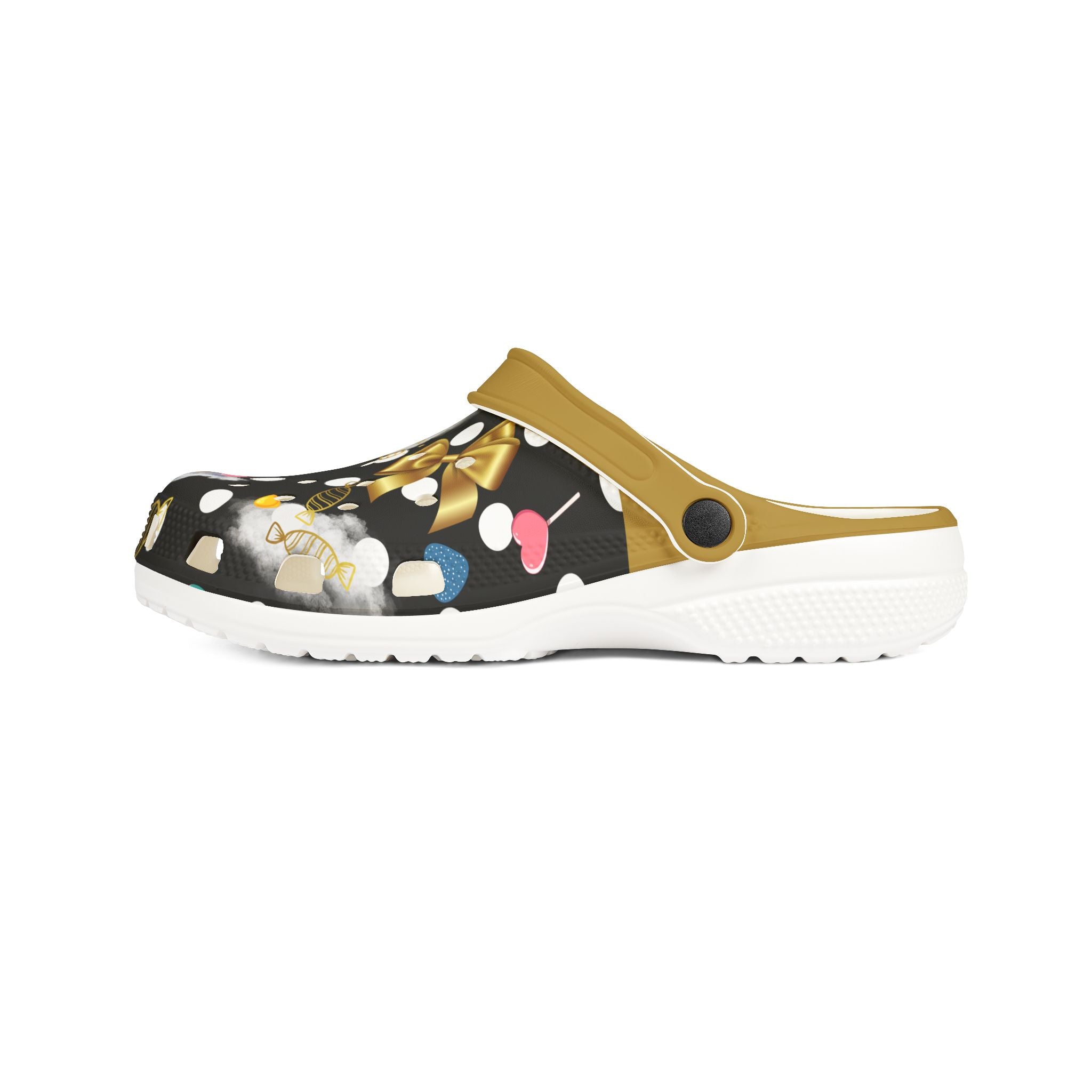 Summer Storm- Candy Crocs, Gold And Black Clogs, Fun Patterned Shoes for Kids and Adults, Perfect for Summer, Beach, and Casual Wear