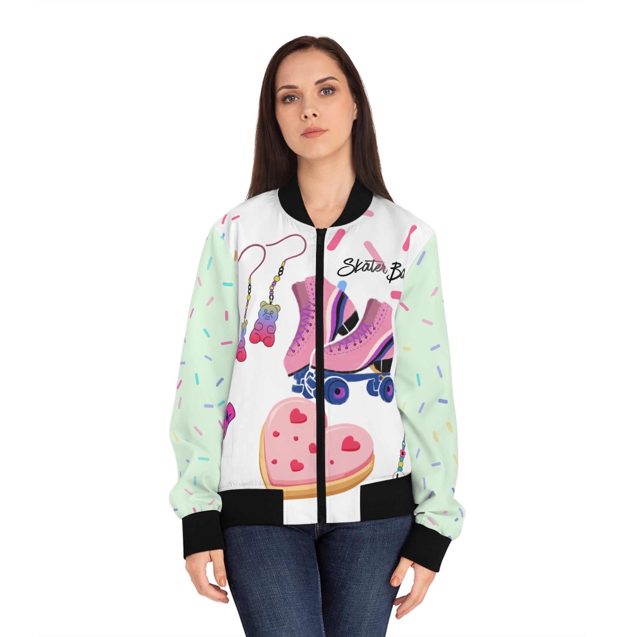 Skater Babe Bomber Jacket – Retro Roller Skate Cute Pastel AOP
