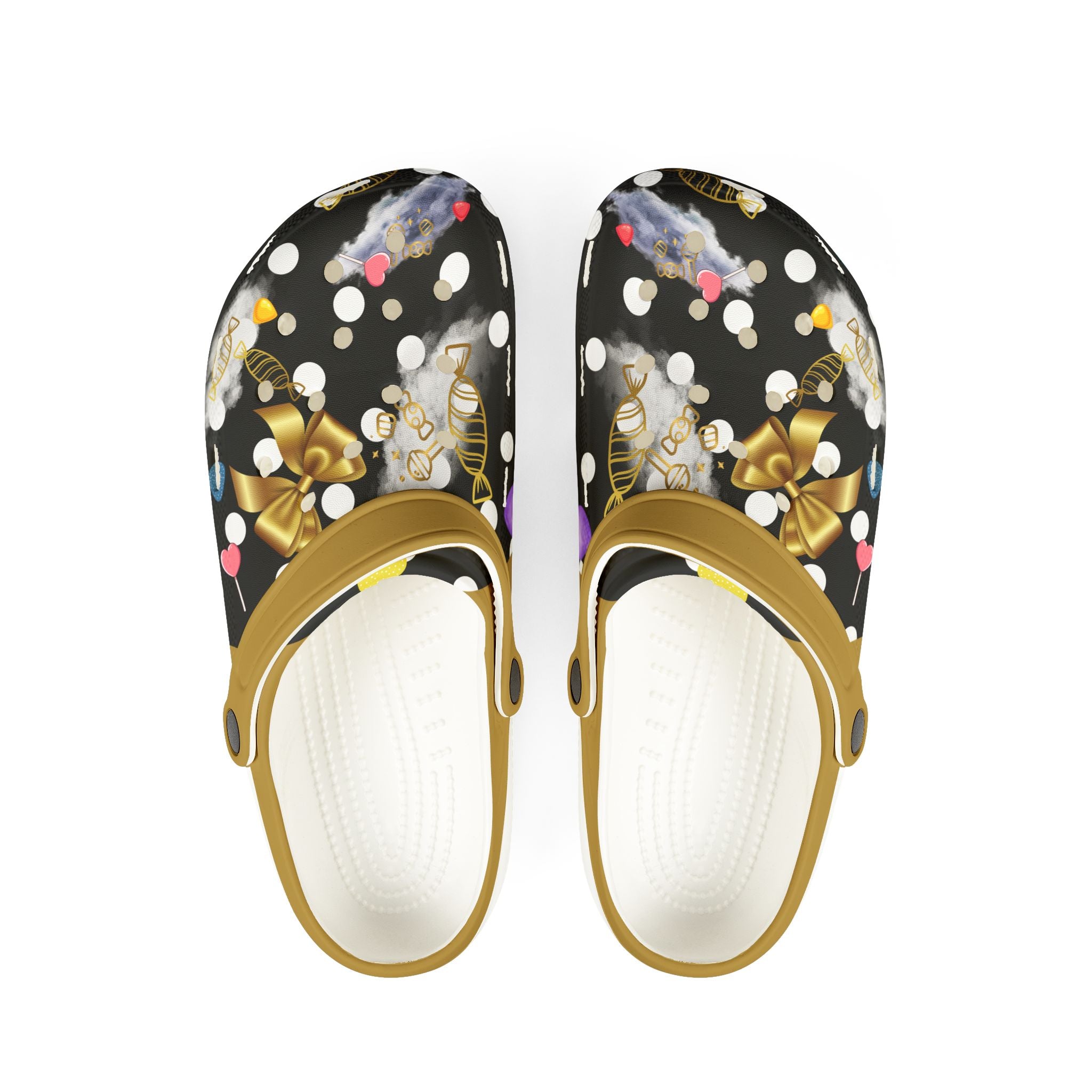 Summer Storm- Candy Crocs, Gold And Black Clogs, Fun Patterned Shoes for Kids and Adults, Perfect for Summer, Beach, and Casual Wear