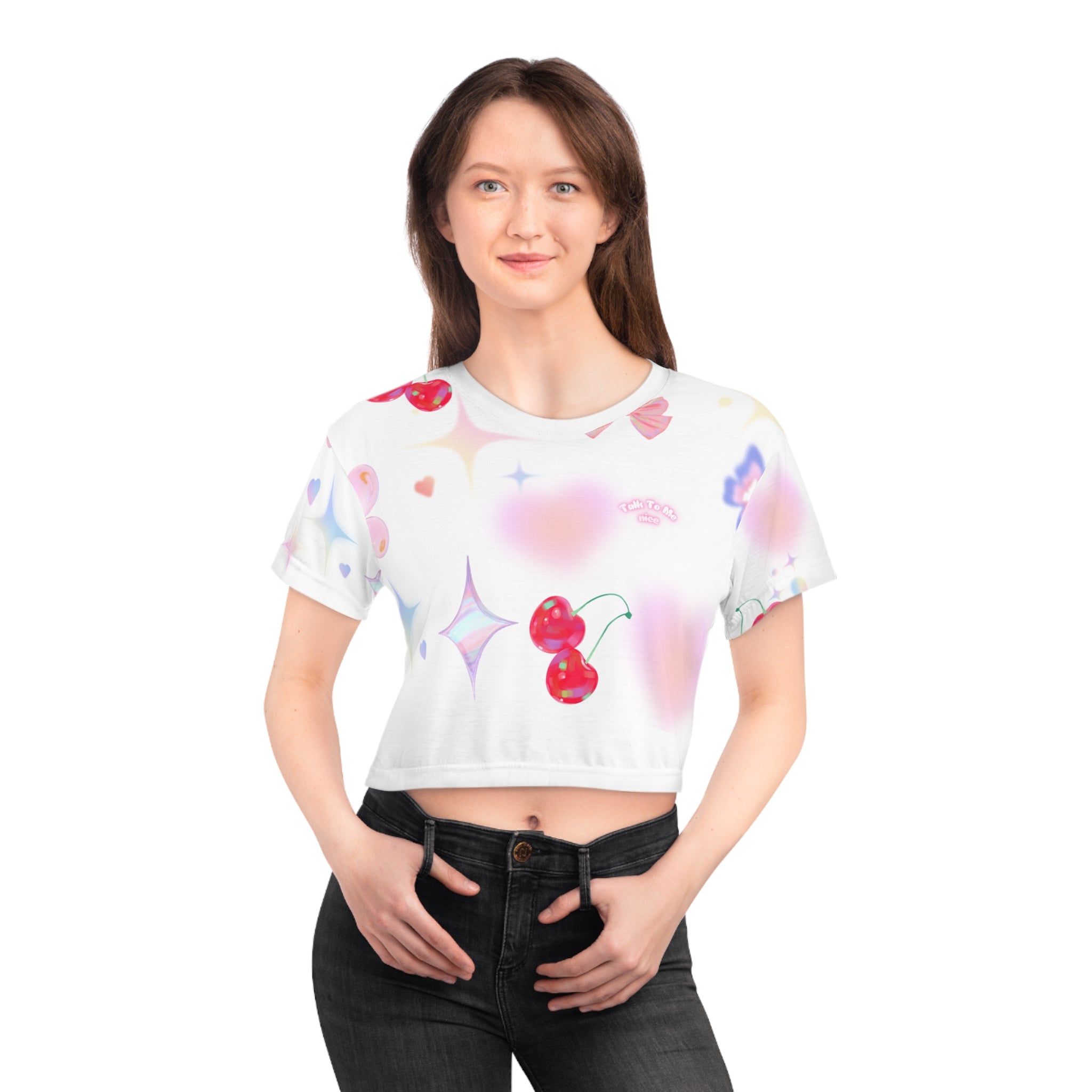 Talk To Me Nice- Charming Cherry Print Crop Tee, Trendy Summer Shirt, Cute Aesthetic Top, Gift for Teens, Casual Streetwear